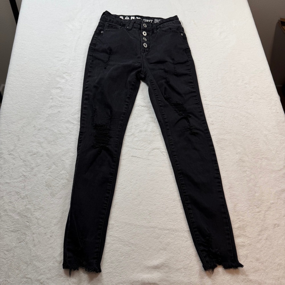 S.O.N.G. Distressed Skinny Jeans Womens 5/27 Black Good High Rise Button Fly